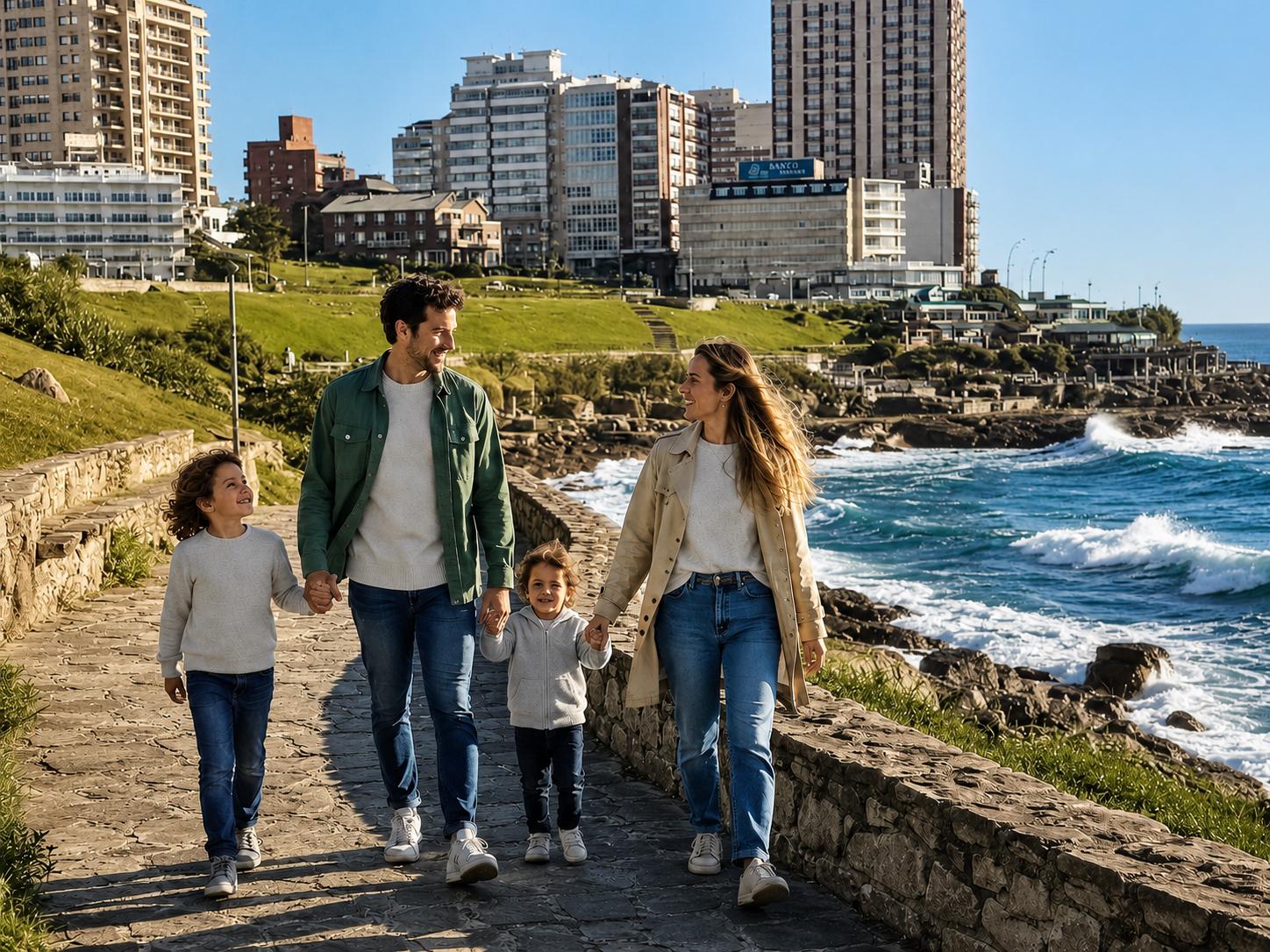 Familia caminando por la rambla de Mar del Plata